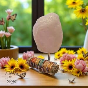 Rough rose quartz on stand